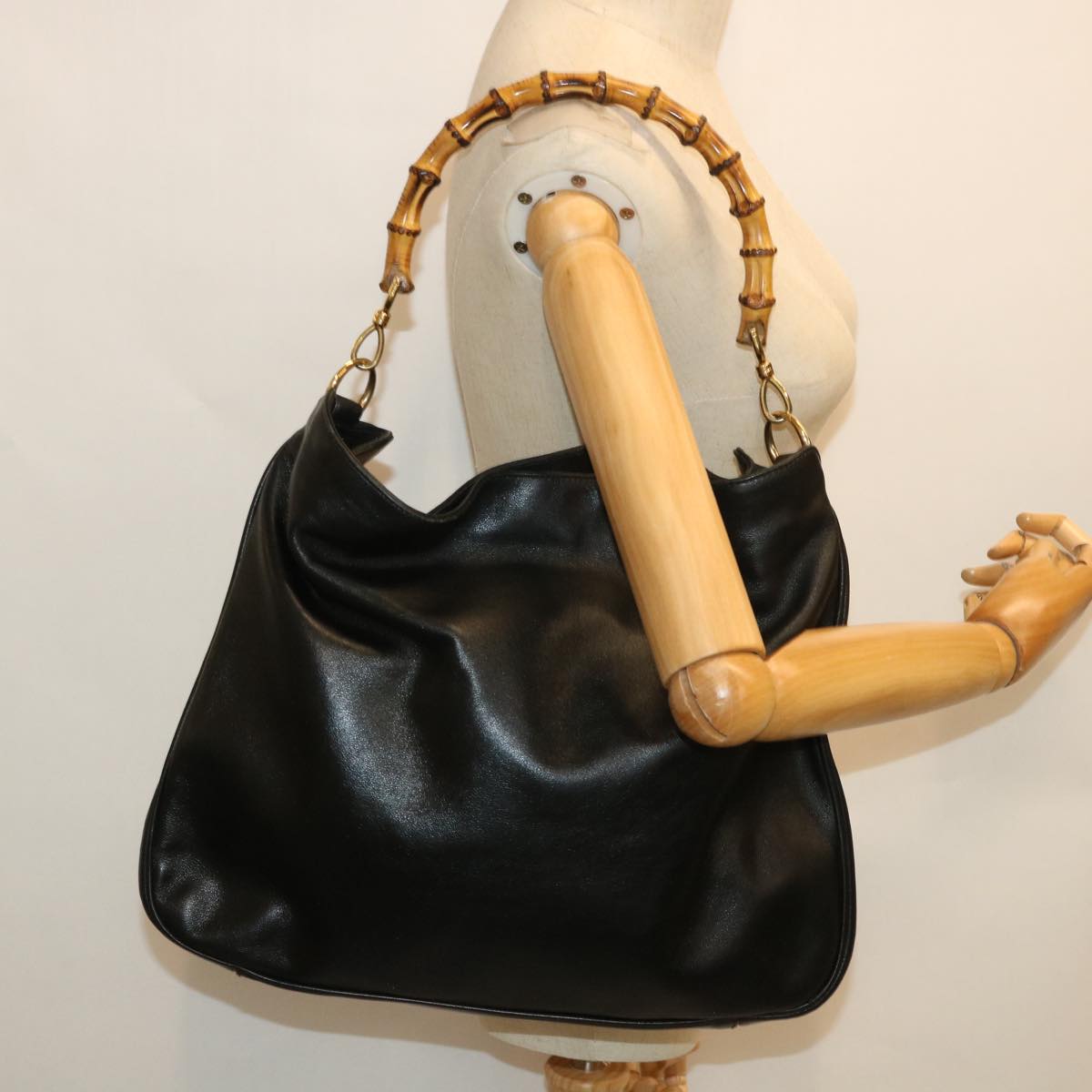 GUCCI Bamboo Shoulder Bag Leather 2way Black 001 1577 200047 bs8490