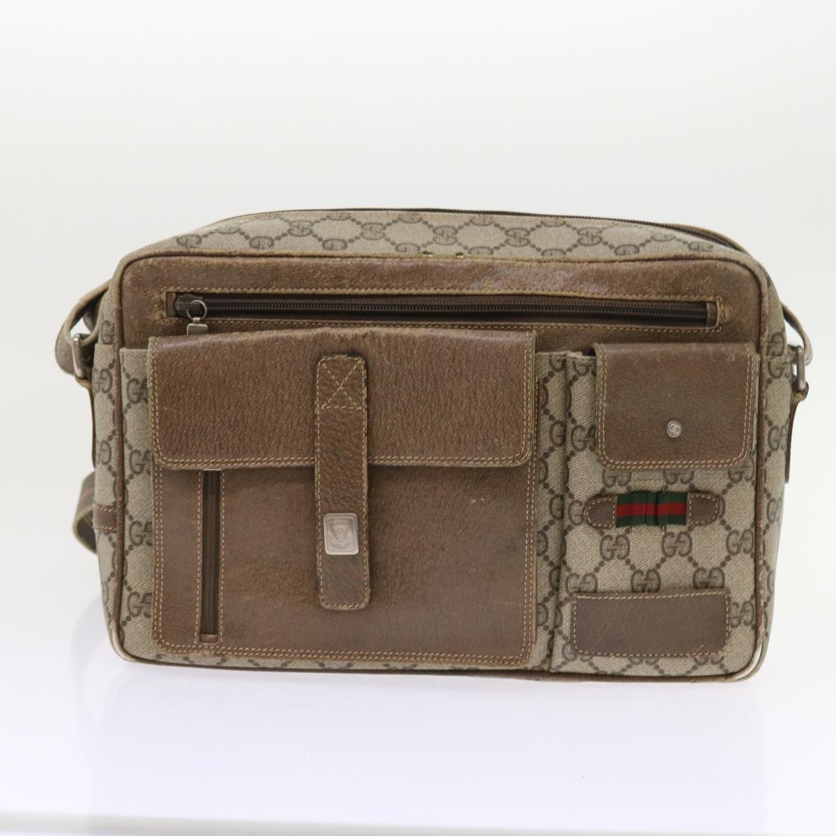 GUCCI GG Canvas Web Sherry Line Shoulder Bag Leather 2Set Beige Red bs8533