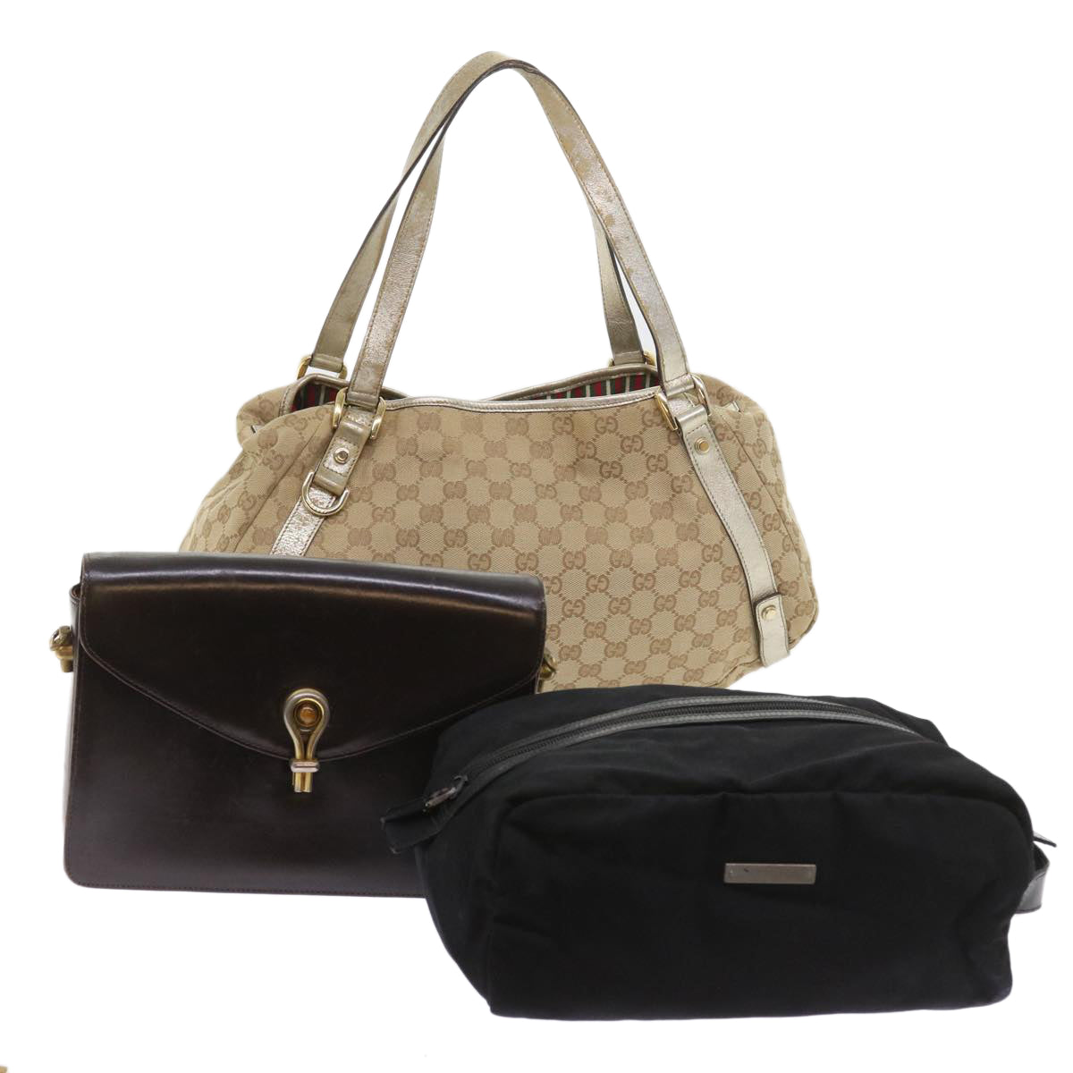 GUCCI GG Canvas Shoulder Bag Nylon Leather 3Set Beige Brown black bs8794