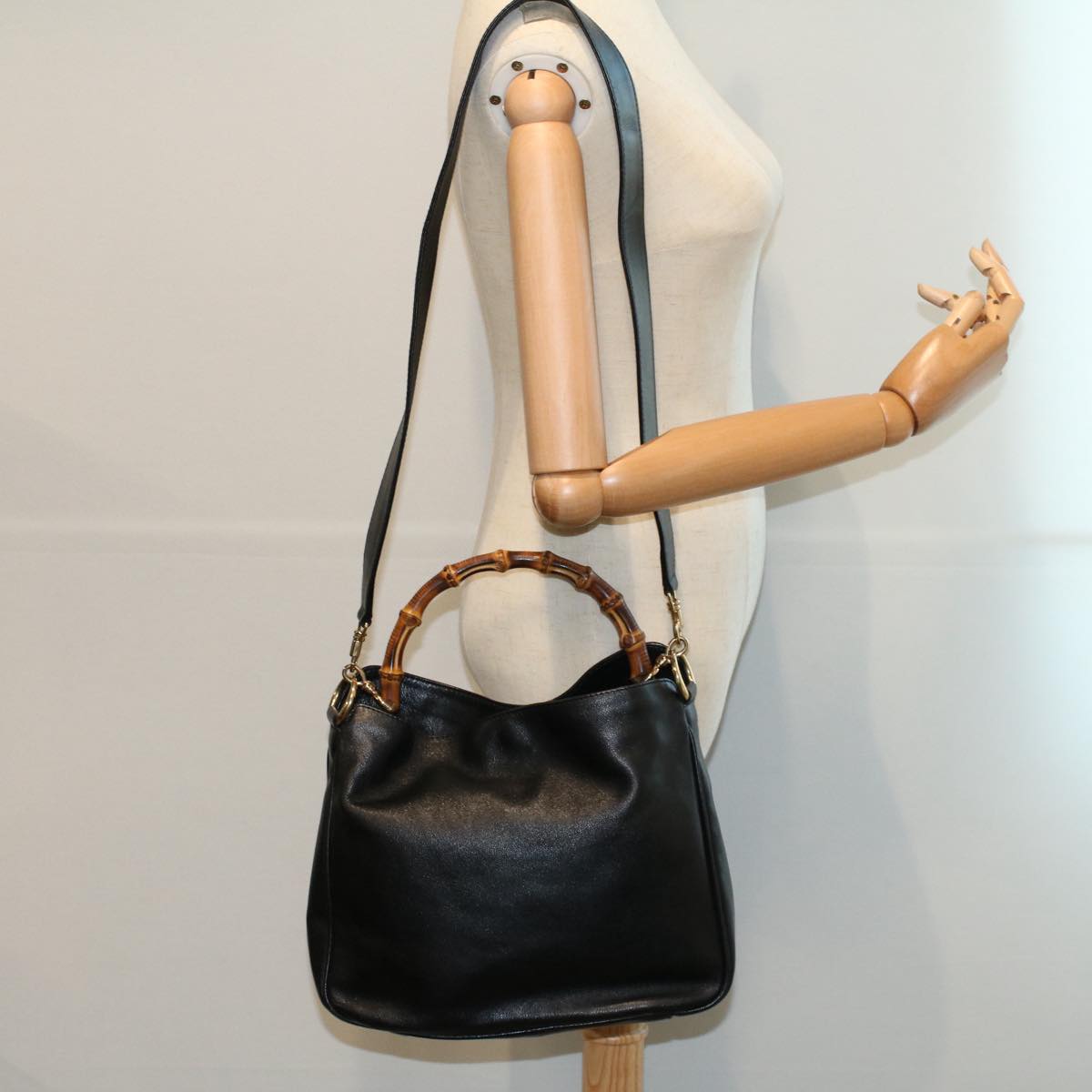 GUCCI Bamboo Shoulder Bag Leather 2way Black 001 2123 1633 bs9068