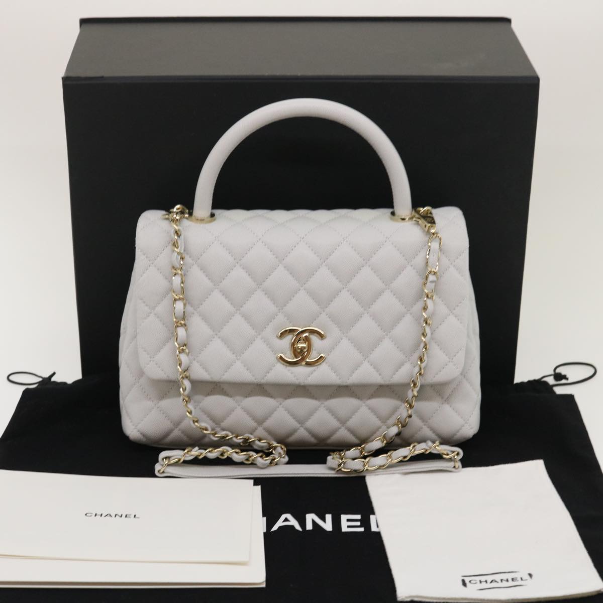 CHANEL Matelasse Chain Shoulder Hand Bag Caviar Skin 2way White CC bs910A