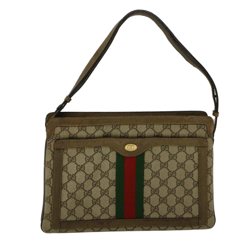 GUCCI GG Canvas Web Sherry Line Shoulder Bag PVC Leather Beige Green bs9253