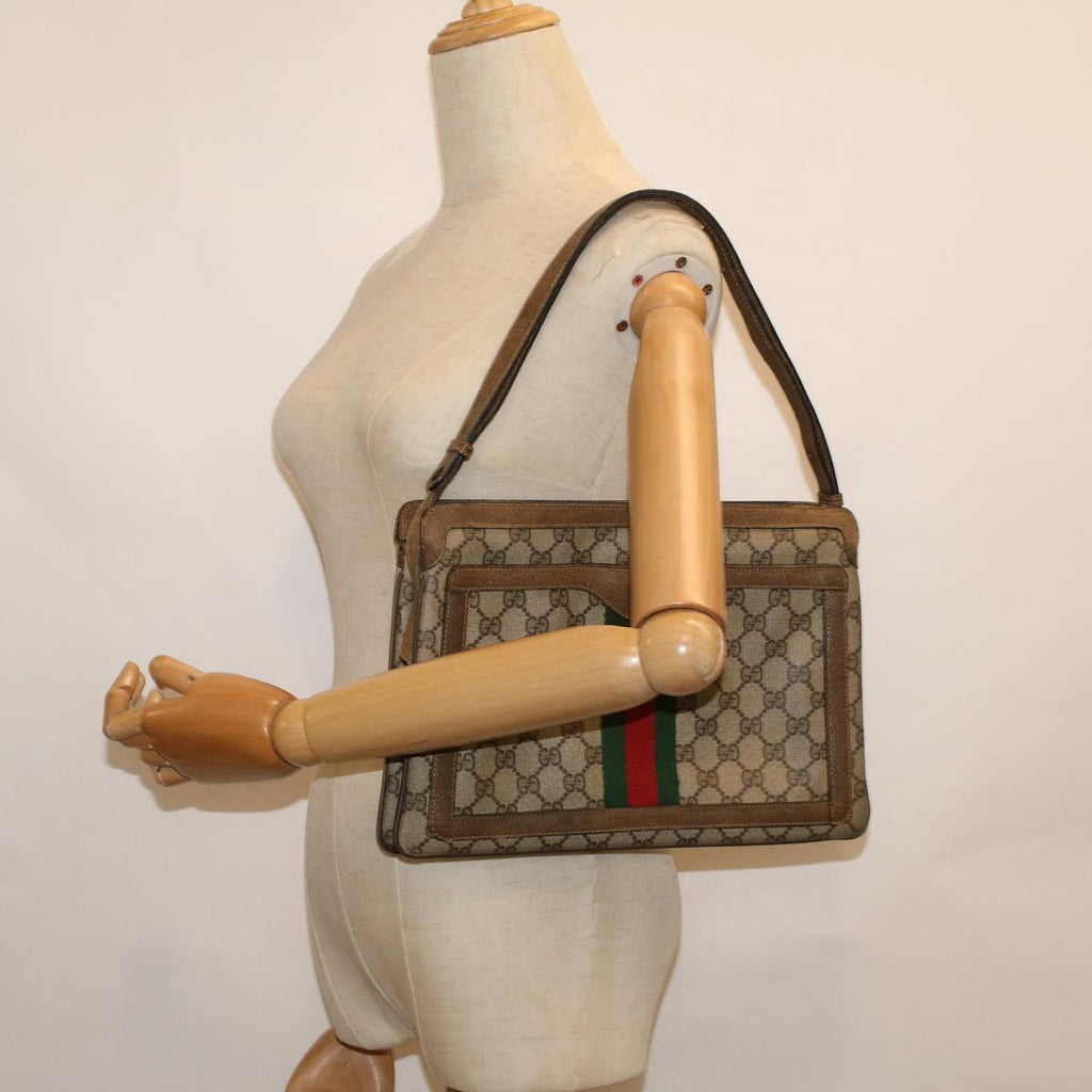 GUCCI GG Canvas Web Sherry Line Shoulder Bag PVC Leather Beige Green bs9253