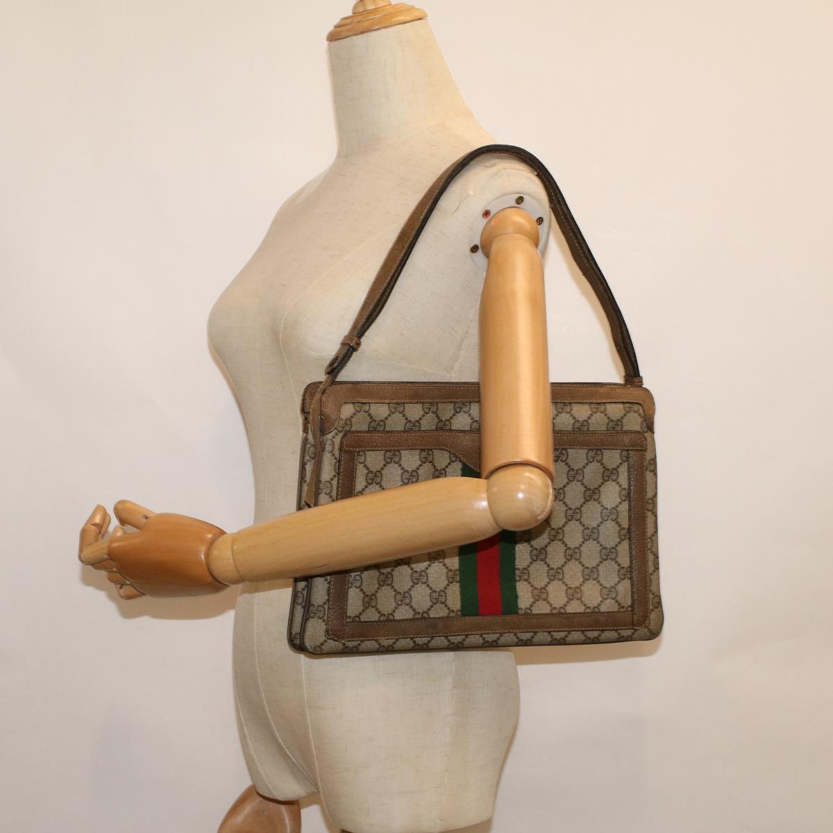GUCCI GG Canvas Web Sherry Line Shoulder Bag PVC Leather Beige Green bs9253