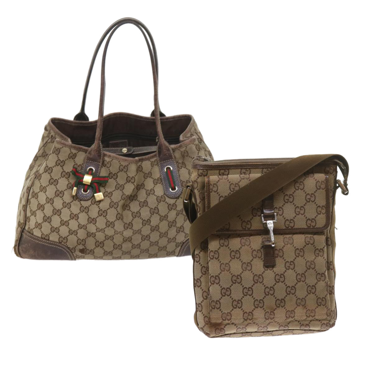 GUCCI GG Canvas Web Sherry Line Shoulder Bag 2Set Beige Green Red bs9278