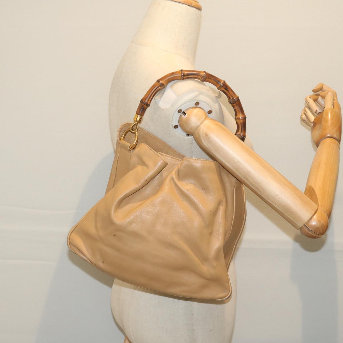 GUCCI Bamboo Shoulder Bag Leather Beige 001 1014 1638 bs9602