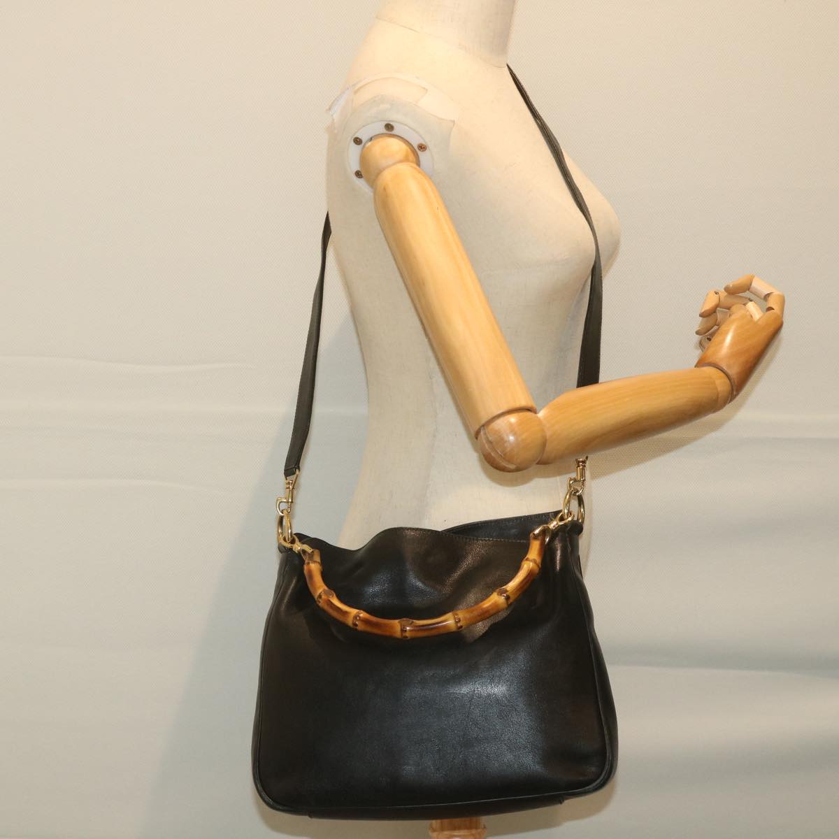 GUCCI Bamboo Shoulder Bag Leather 2way Black 001 1638 bs9938
