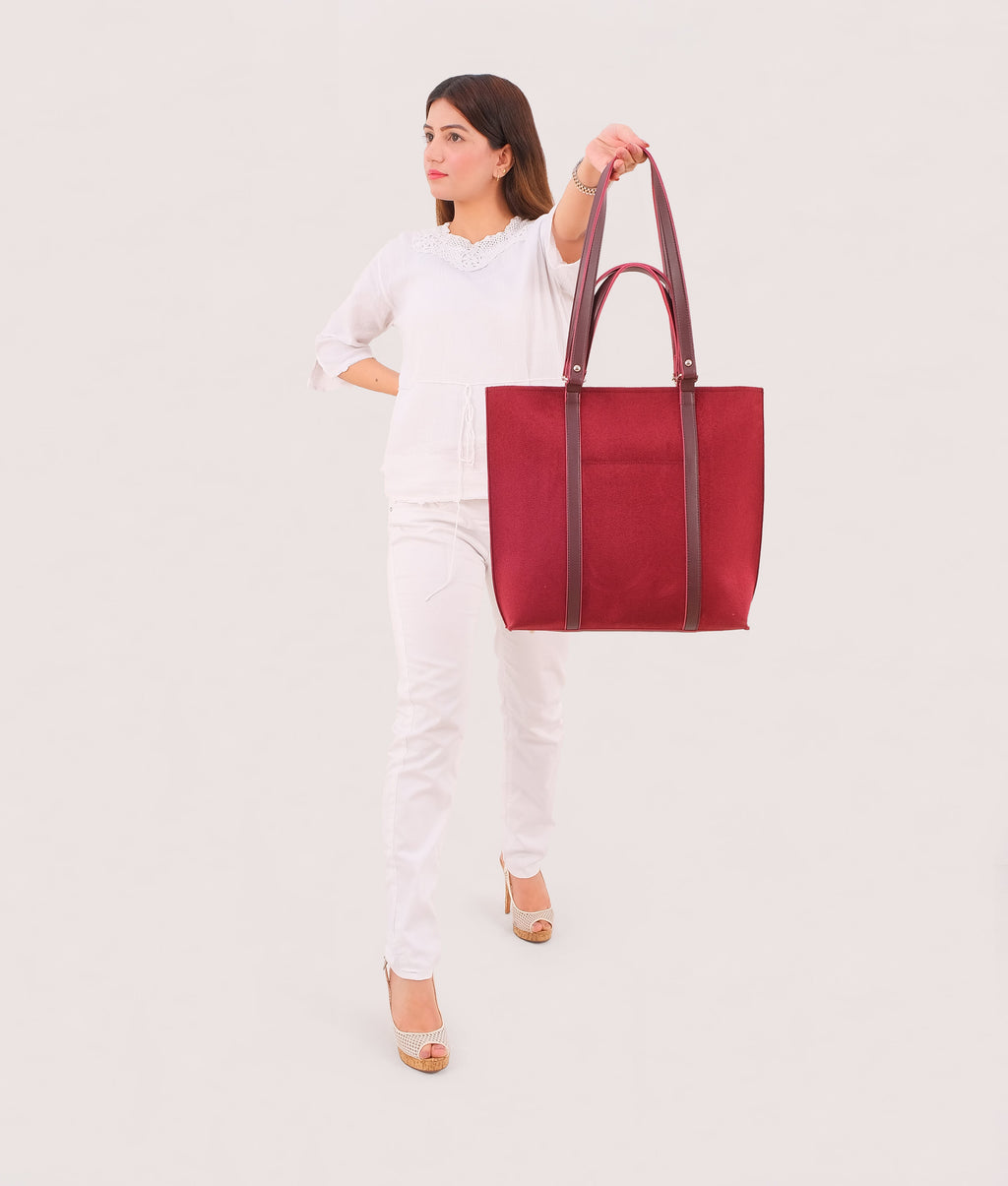 Burgundy suede double-handle tote bag