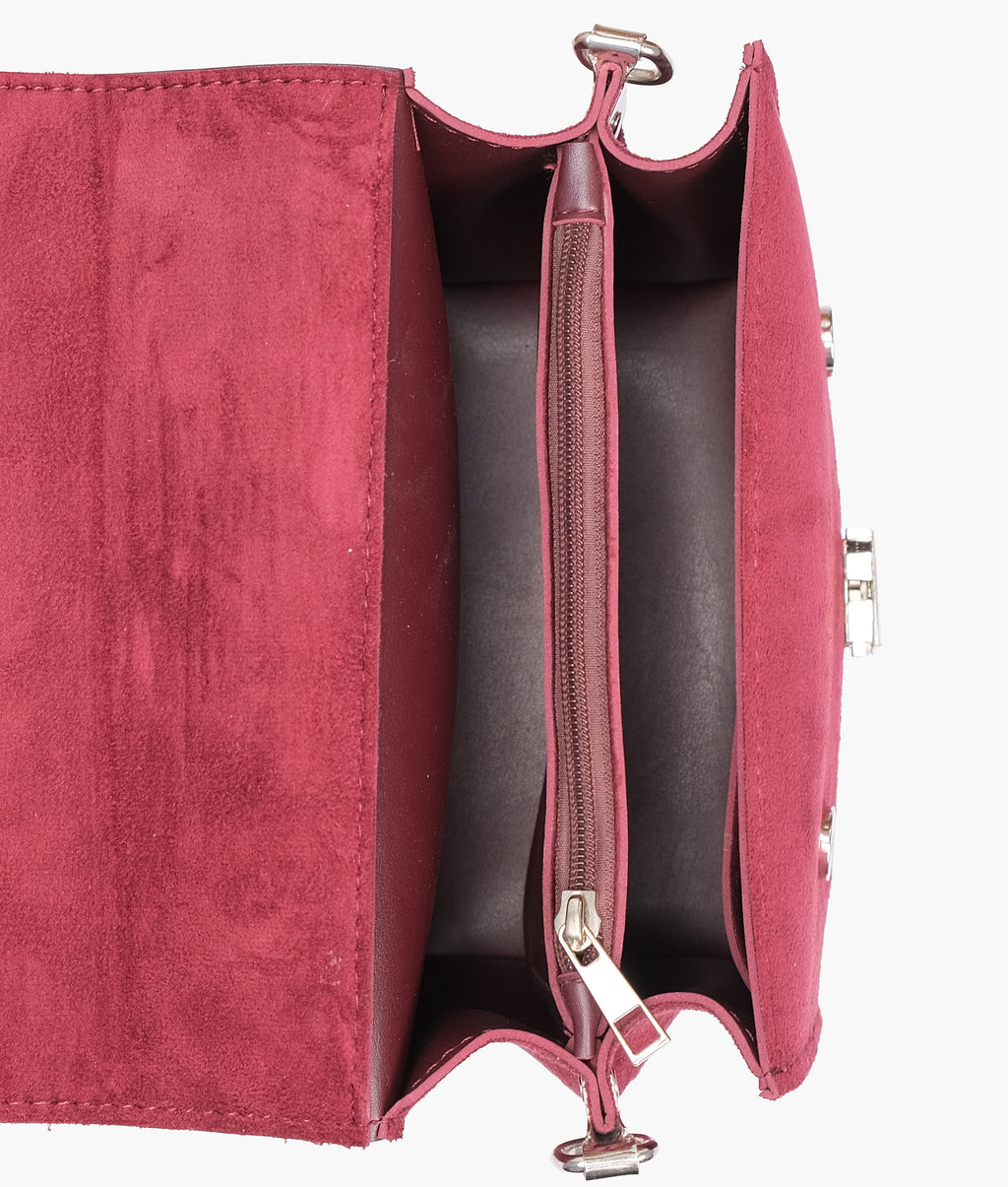 Burgundy suede top-handle mini cross-body bag