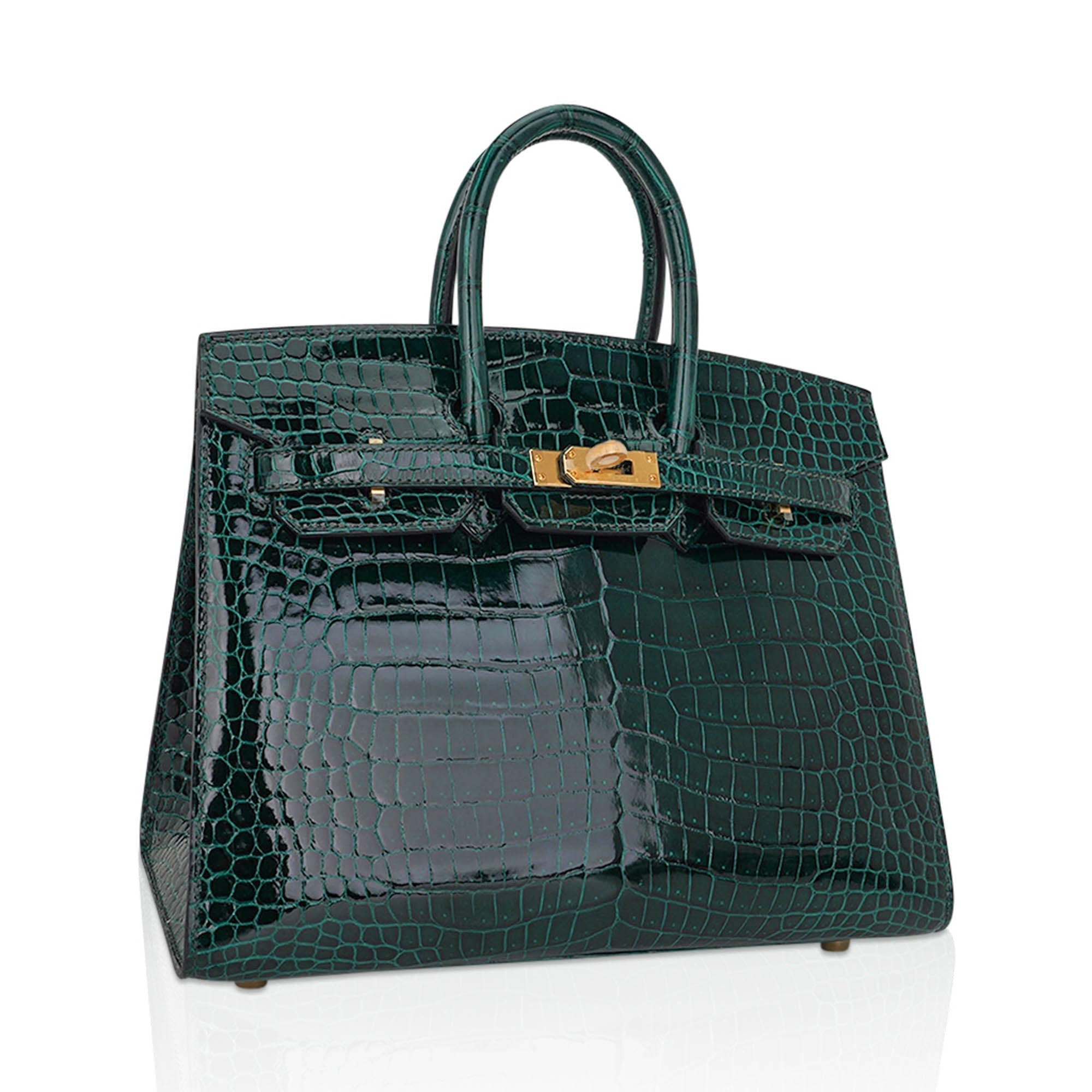 Hermes Birkin 25 Bag Sellier Vert Fonce Porosus Crocodile Bag with Gold Hardware