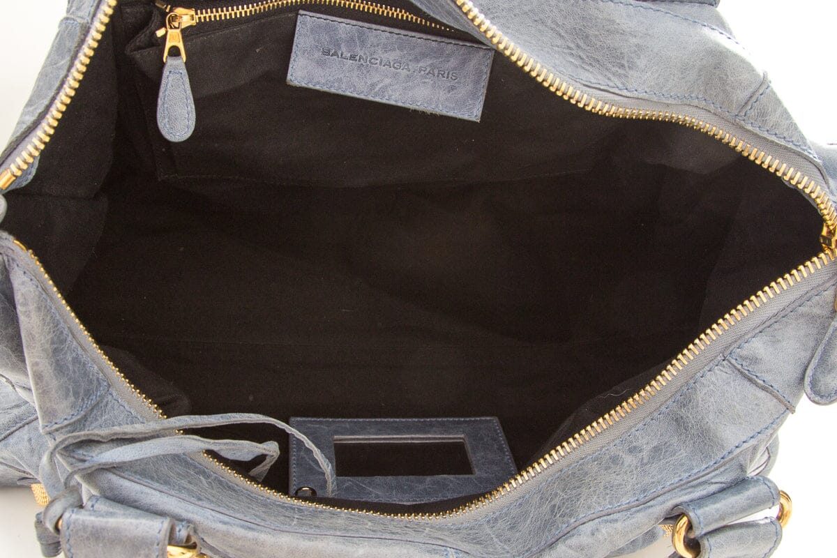 Balenciaga Blue Crinkled Leather & Gold Work Tote