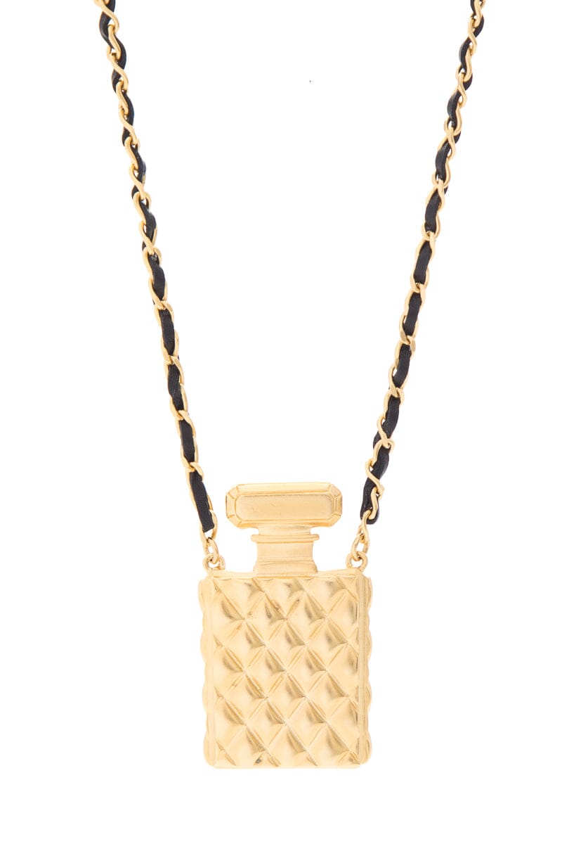Chanel Gold Perfume Bottle Leather Chain Necklace