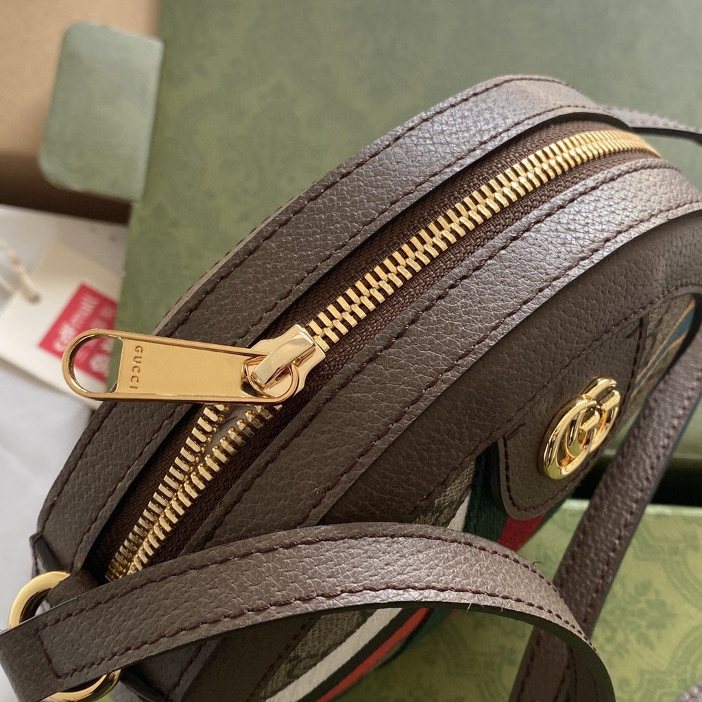Glami Round Shoulder Bag With Double G Beige And Ebony Supreme Canvas With Stripes And GlamIames Print Brown For Women 7,5in/19cm Ã¢â‚¬Å½574978 UQHNE 9885