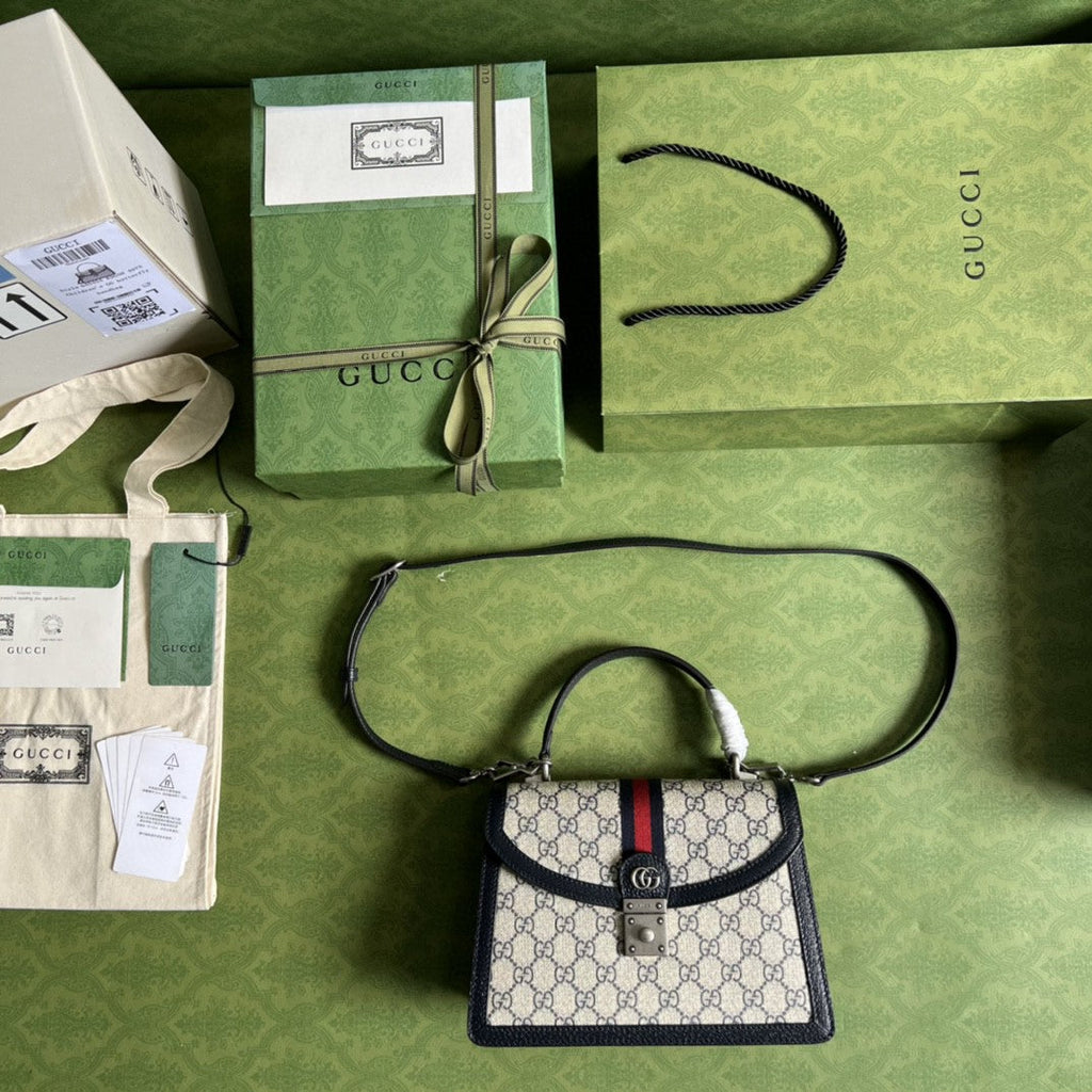 gg Ophidia Small Top Handle Bag Beige And Blue gg Supreme Canvas  For Women 10in/25cm 651055 96IWN 4076