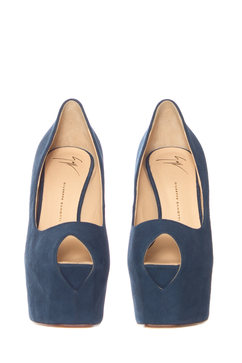 Guiseppe Zanotti Dark Blue Suede Peep Toe Platforms SZ 40