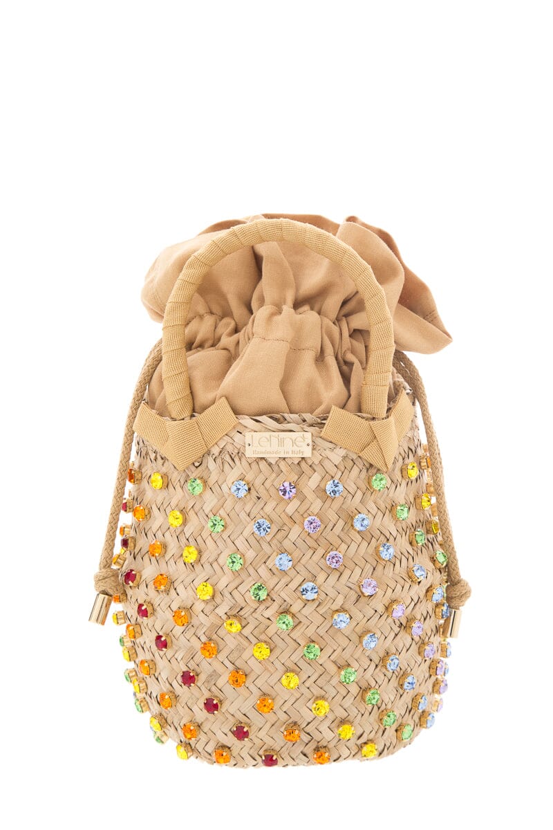 Le Nine Multicolor Embellished Raffia Bucket Bag NWT