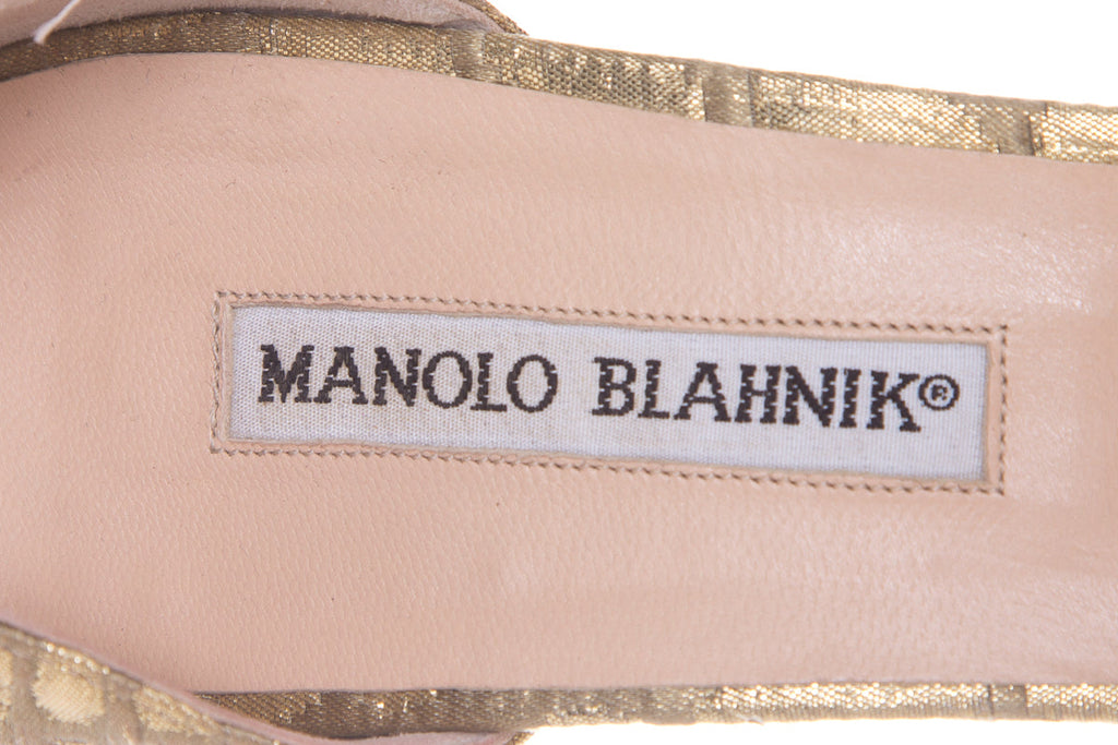 Manolo Blahnik Gold Embellished Peep Toe Heels SZ 39.5
