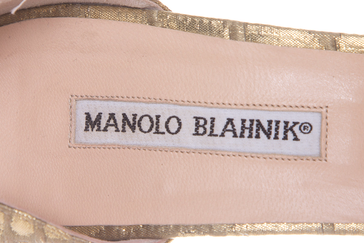Manolo Blahnik Gold Embellished Peep Toe Heels SZ 39.5