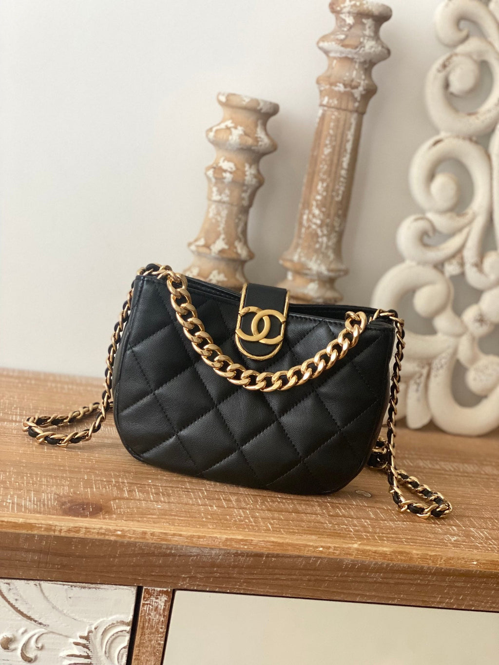 CHLSmall Hobo Bag Gold Hardware Black For Women, Women’s Handbags, Shoulder Bags 7.5in/19cm