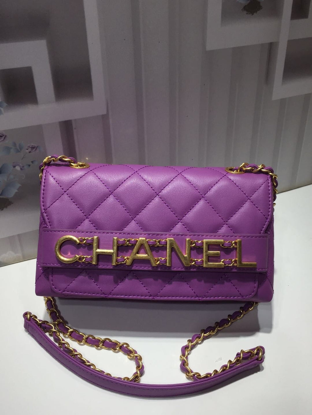 CHLFront Logo Small Flap Bag Gold Hardware Purple For Women, Women’s Handbags, Shoulder Bags 8.2in/21cm AS1490