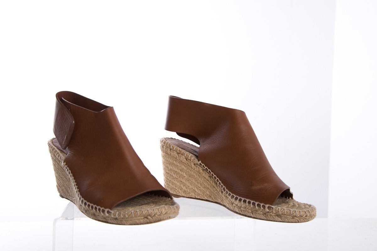 CÃƒÆ’Ã‚Â©line Brown Leather Espadrilles Wedges SZ 38