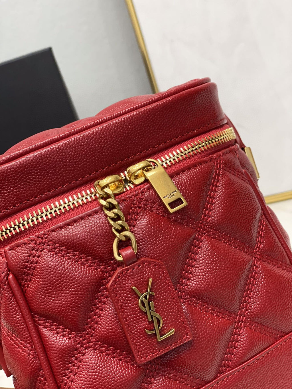 YSSL 80’s Vanity Bag In Carré-Quilted Grain De Poudre Red For Women 6.4in/16.5cm YSL 649779DME276805
