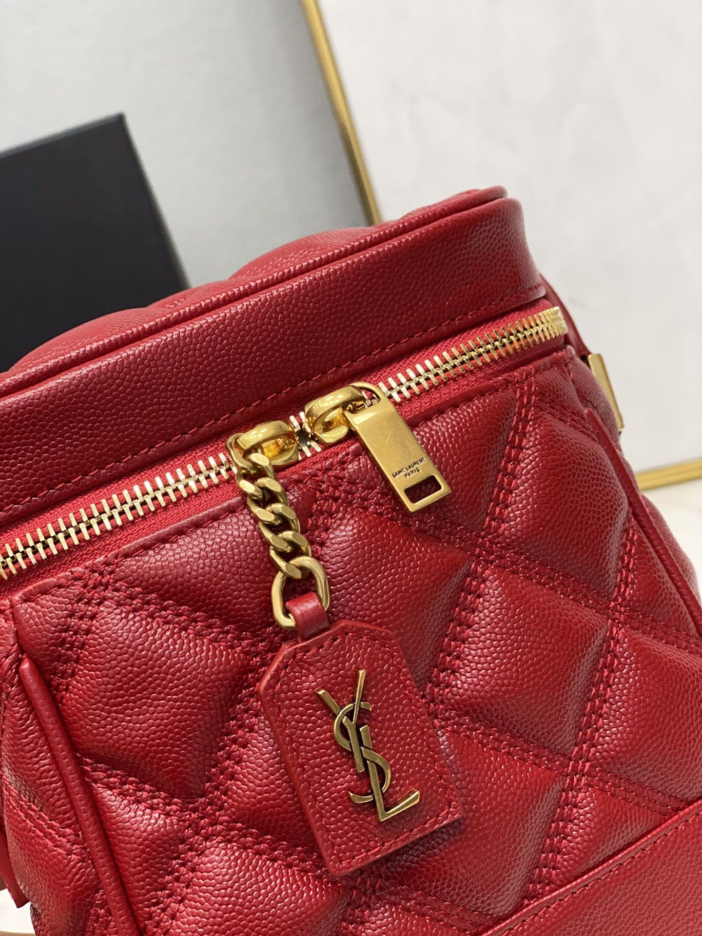 YSSL 80’s Vanity Bag In Carré-Quilted Grain De Poudre Red For Women 6.4in/16.5cm YSL 649779DME276805
