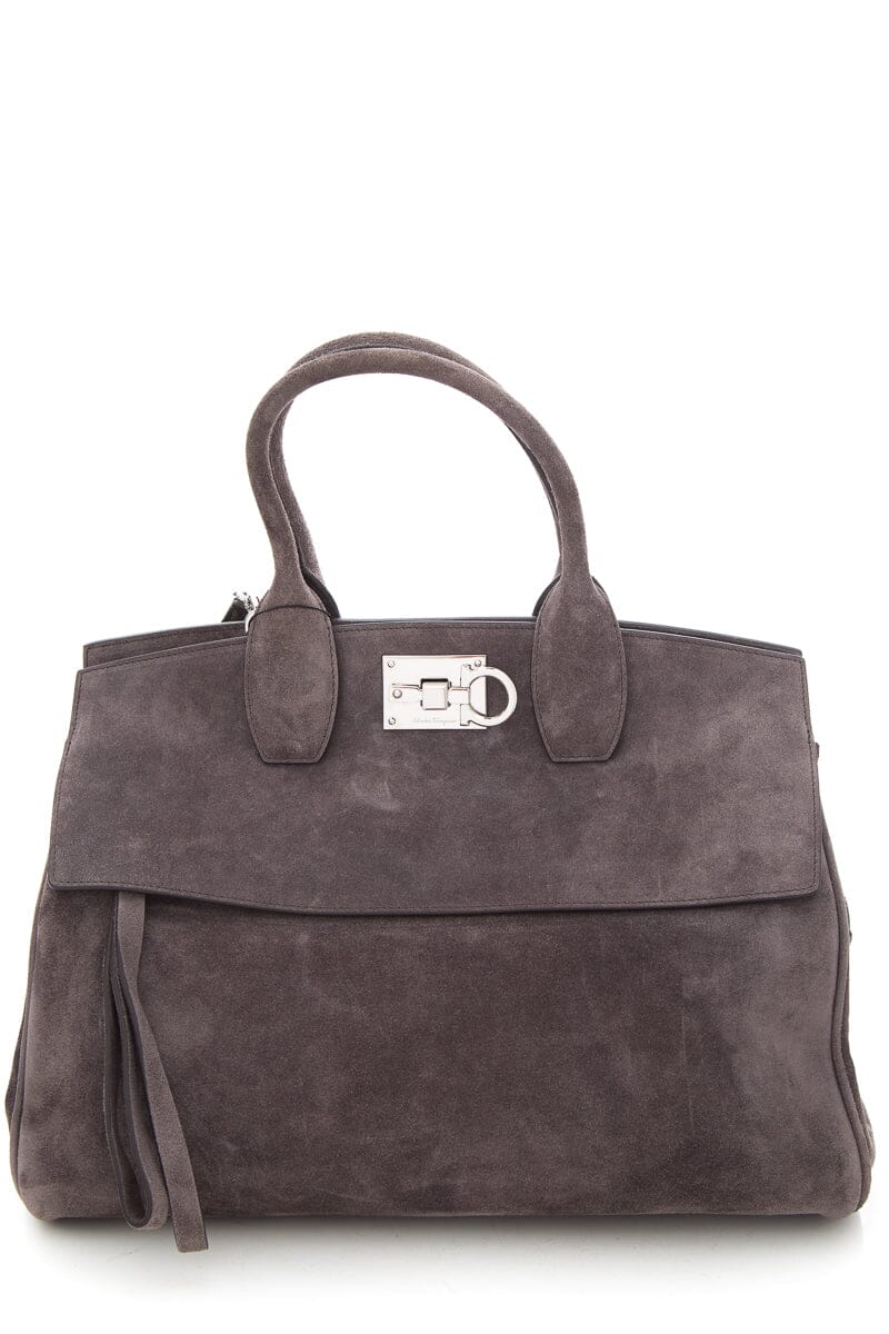 Salvatore Ferragamo Grey Suede Studio Satchel Handbag