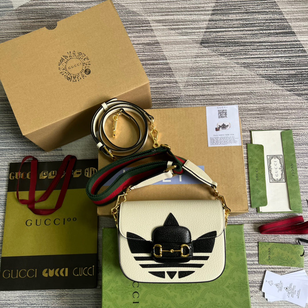 gg x Adidas Horsebit 1955 Mini Bag White For Women, Women’s Bags 8.1in/21cm gg 658574 U3ZDG 8727