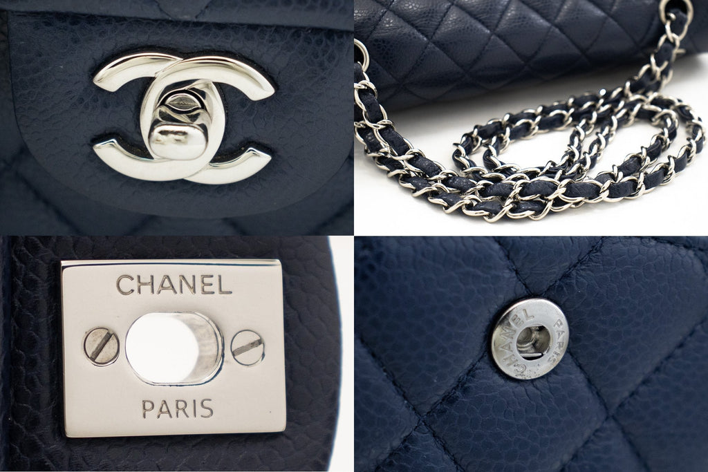 CHANEL Navy Caviar Double Flap Chain Shoulder Bag Quilted Leather j44