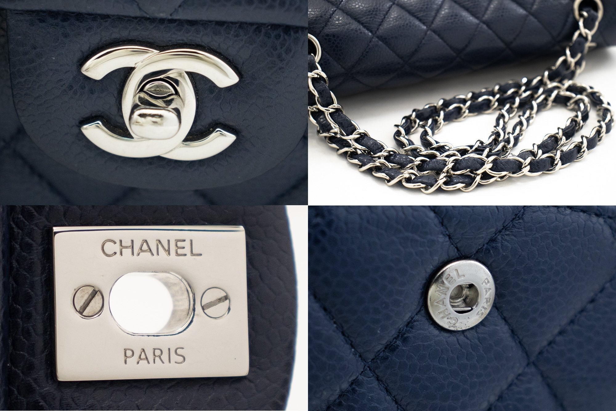 CHANEL Navy Caviar Double Flap Chain Shoulder Bag Quilted Leather j44