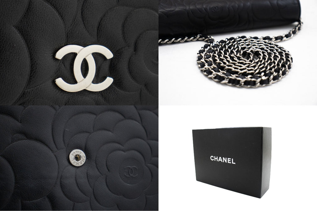 CHANEL Black Camellia Embossed Wallet On Chain WOC Shoulder Bag k68
