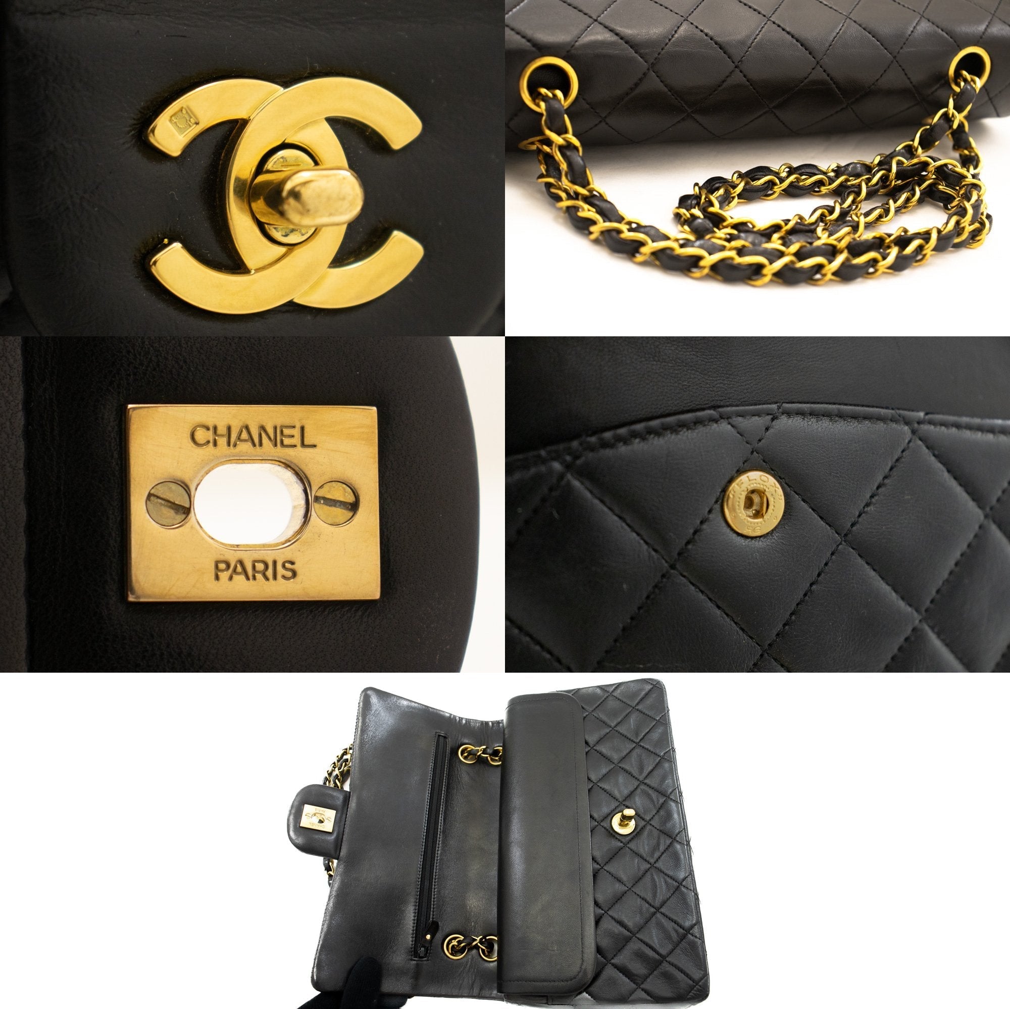 CHANEL Classic Double Flap 10" Chain Shoulder Bag Black Lambskin k77