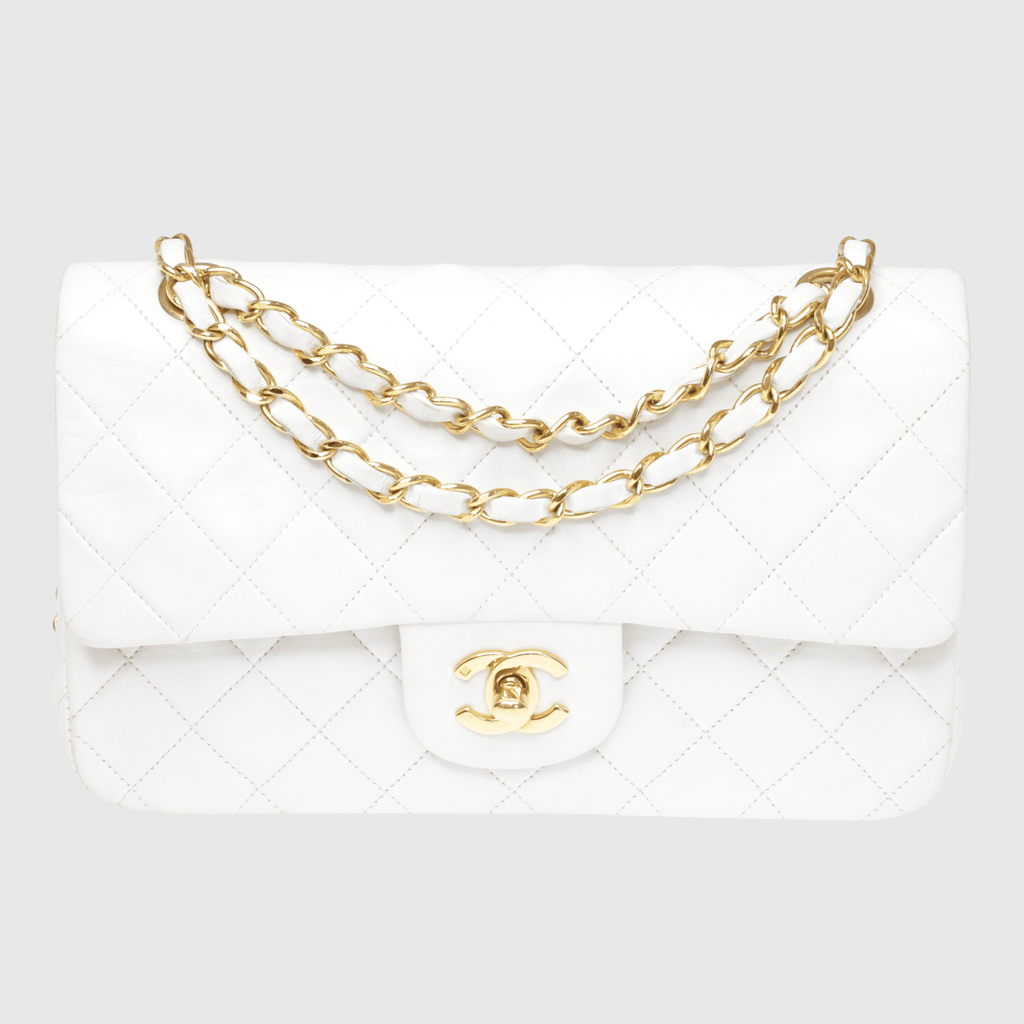 White Vintage Quilted Classic Medium Double Flap Bag w Gold Hardware