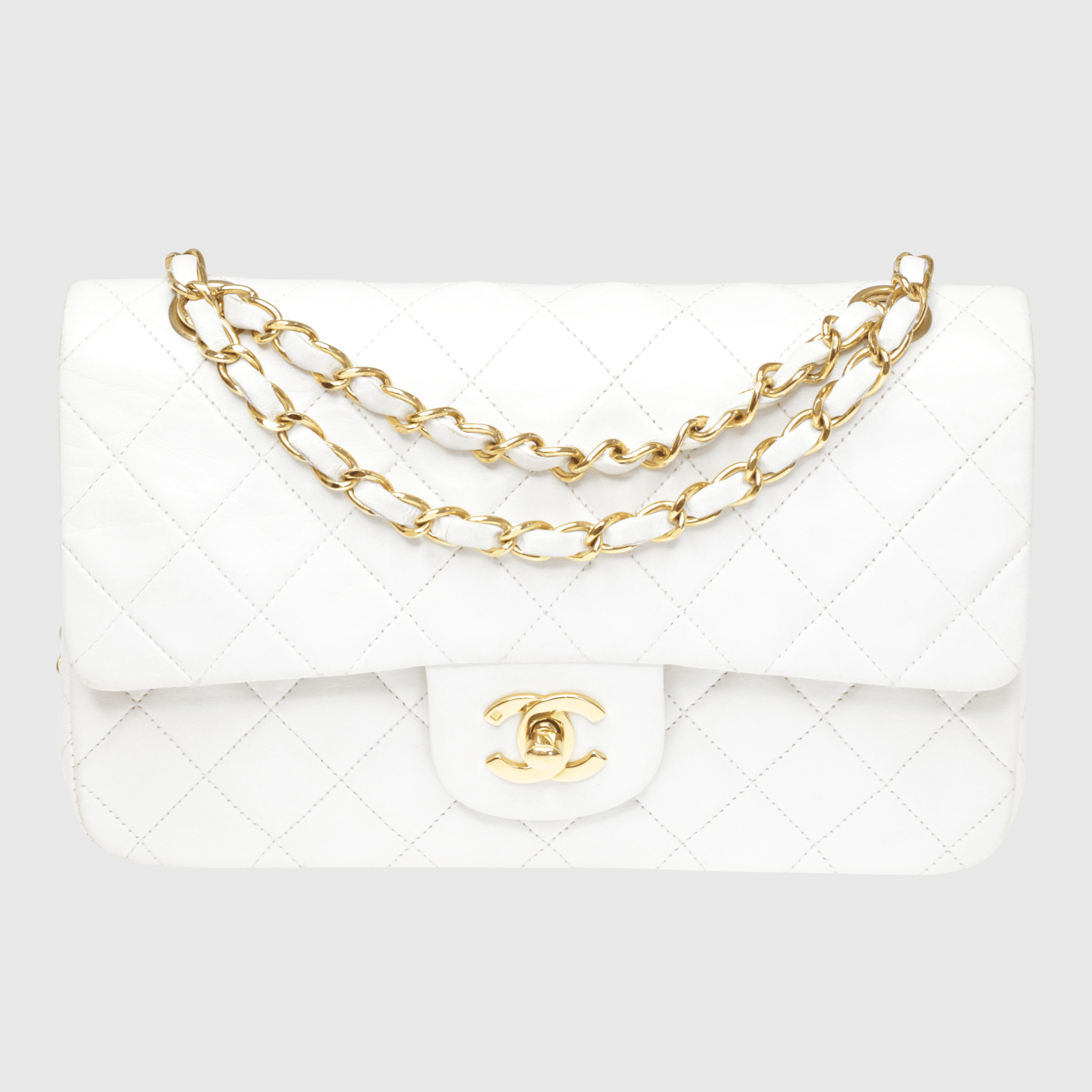 White Vintage Quilted Classic Medium Double Flap Bag w Gold Hardware