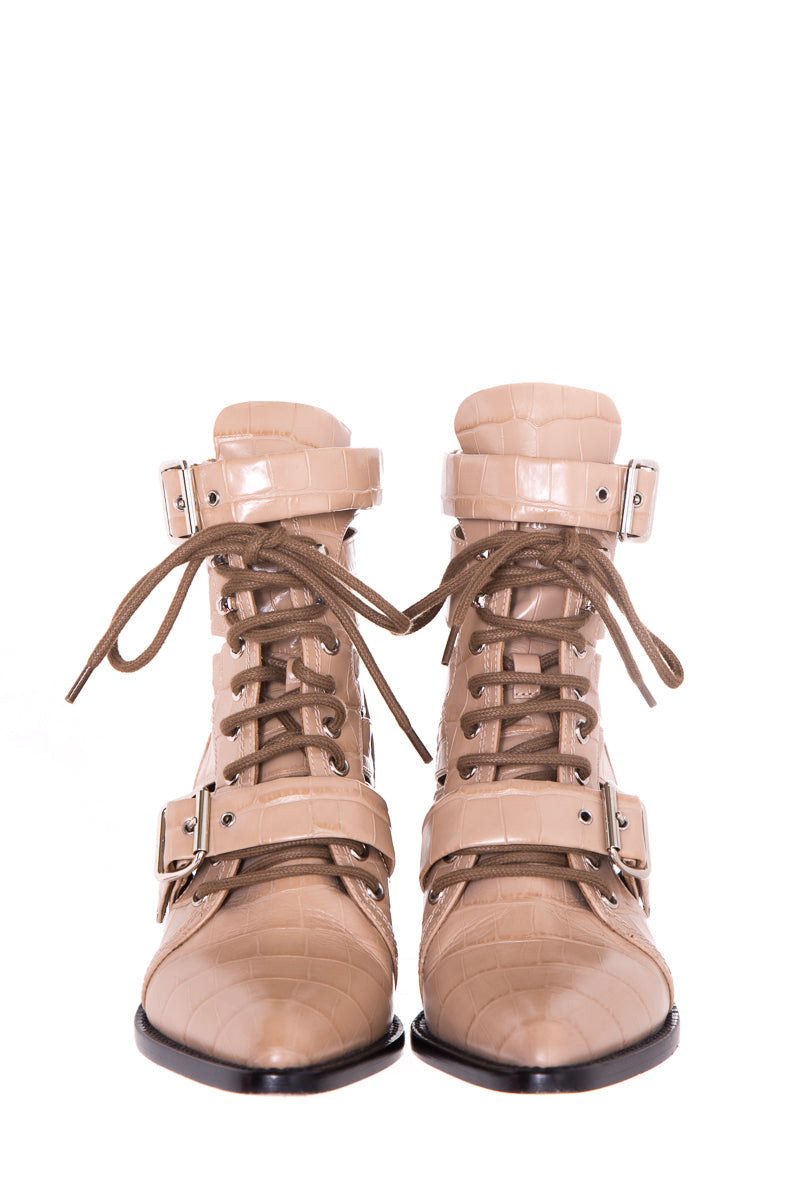 Chloe Tan Rylee Alligator Lace Up  Boots SZ 39