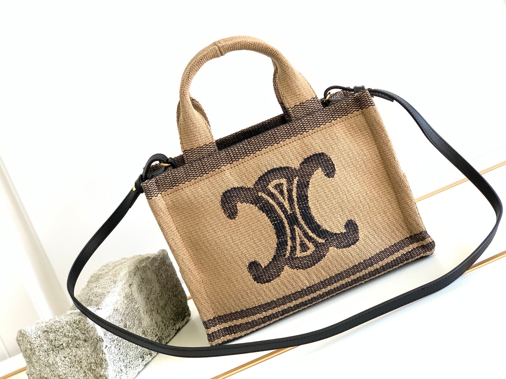 GLAMI Small Cabas Thais In Textile With Triomphe Beige/Black For Women 11in/29cm 199162EGH.02BL