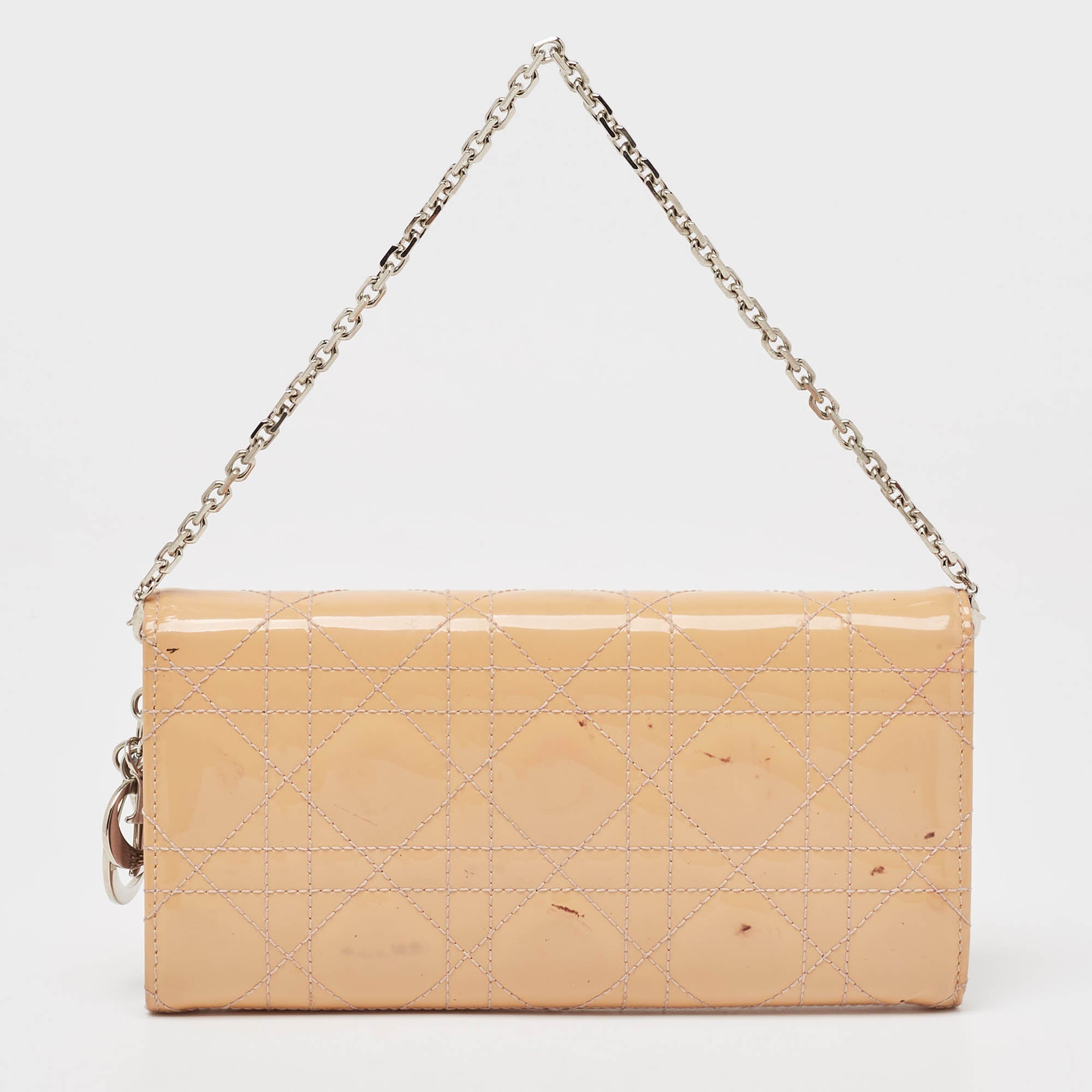 Dior Light Pink Cannage Patent Leather Lady Dior Wallet On Chain