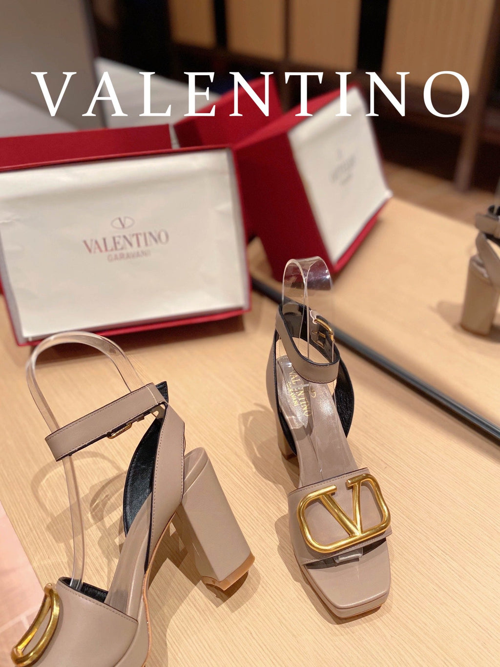 Valentino Garavani Strap Heeled Sandals With V Logo Signature EmbellisGLAMIent Beige For Women