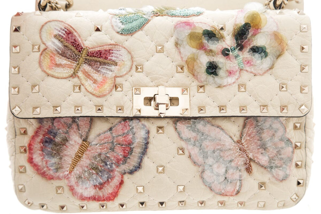 Valentino Ivory Rockstud Sequin Butterfly Handbag