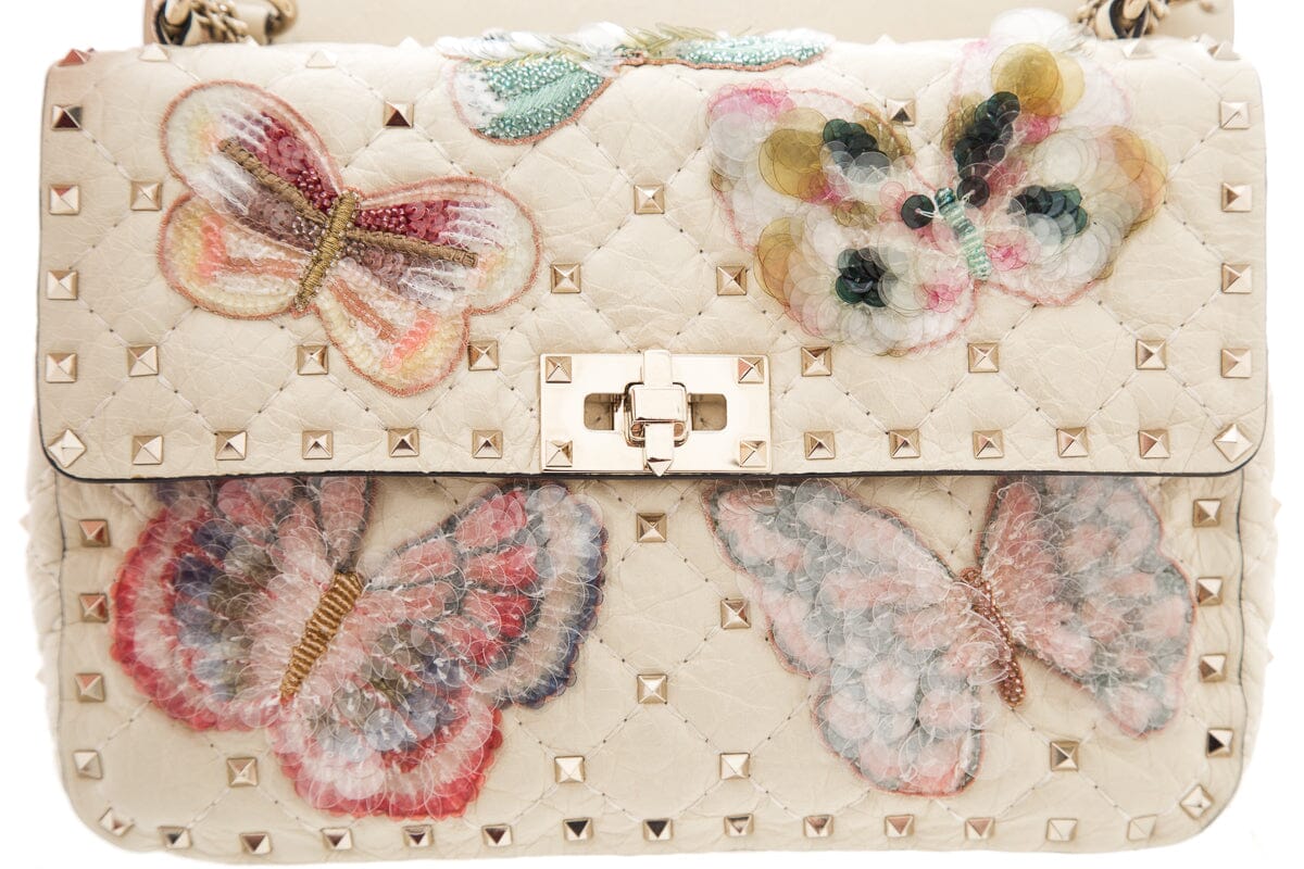 Valentino Ivory Rockstud Sequin Butterfly Handbag