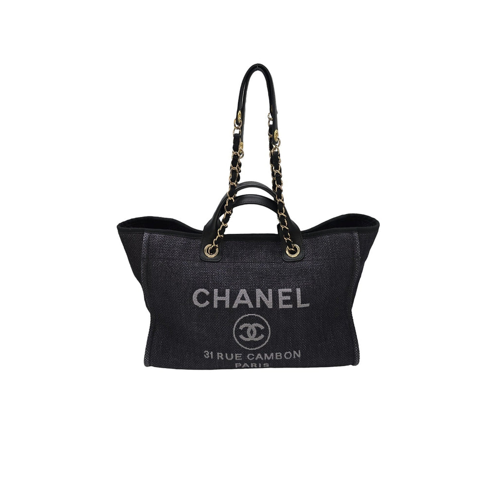 Chanel Woven Straw Raffia Medium Deauville Tote Black