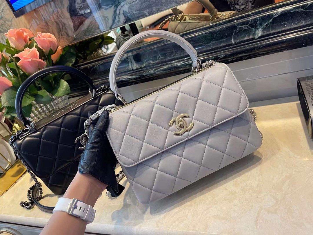 CHL Classic Flap Bag Gold Toned Hardware Grey 9.8in/25cm