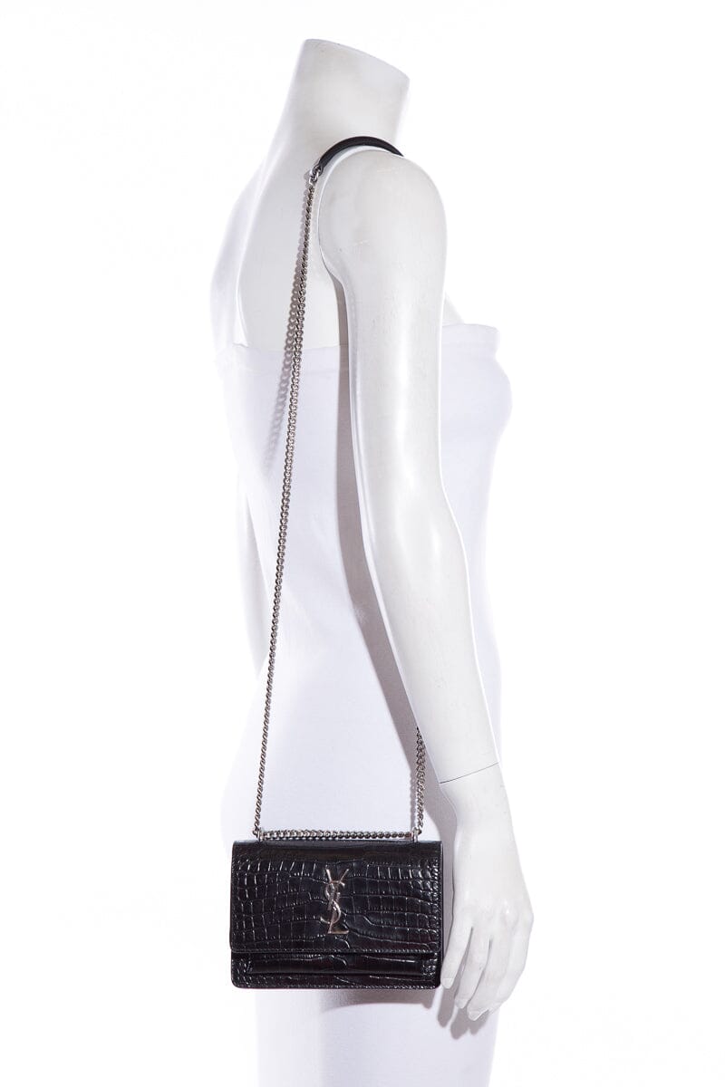 Saint Laurent SUNSET Black Embossed Croc Cross-Body W/ Silvertone Hardware