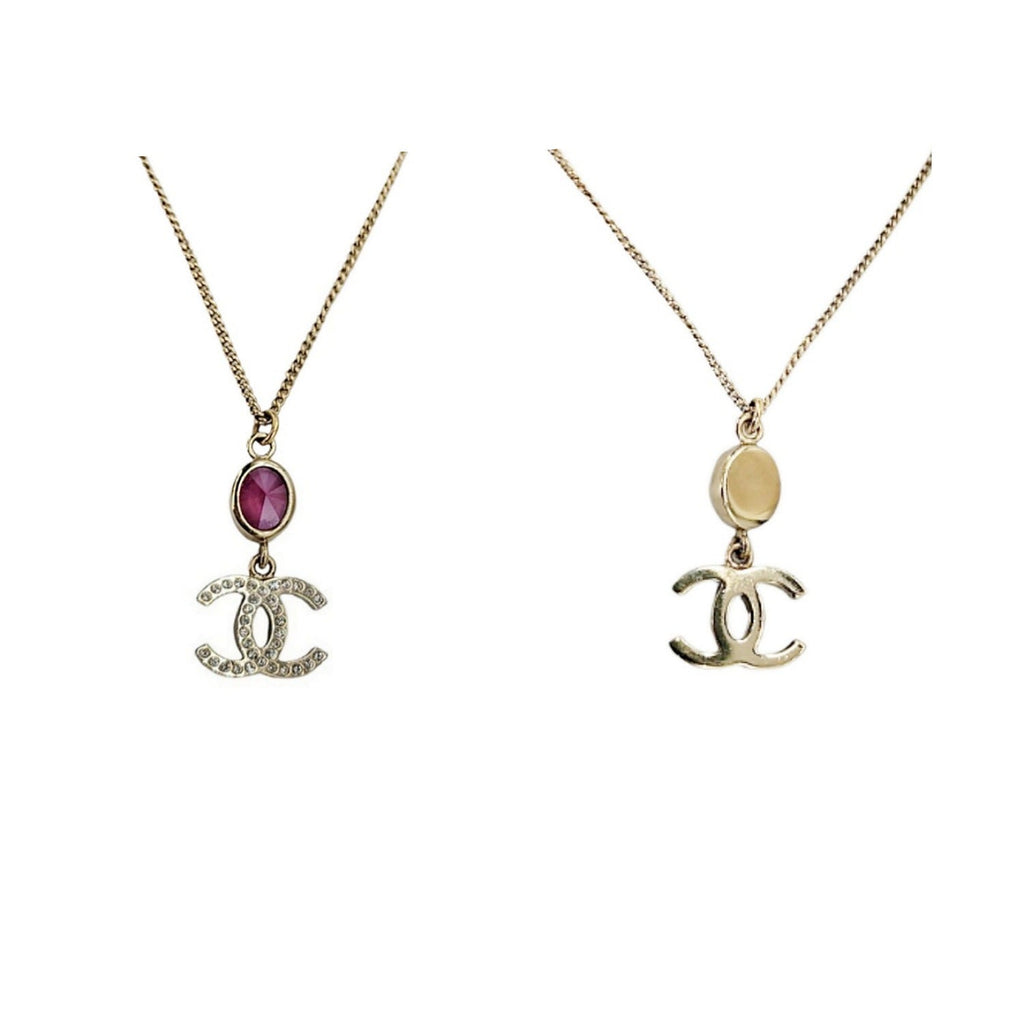 Chanel Crystal CC Drop Necklace Pink Gold