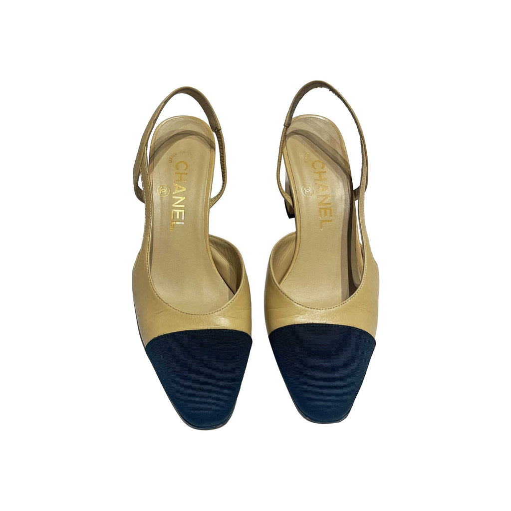 Chanel sling back leather on canvas mules