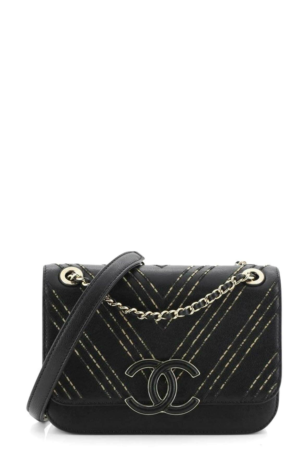 Beaded Chevron Classic Flap Black with Gold Hardware