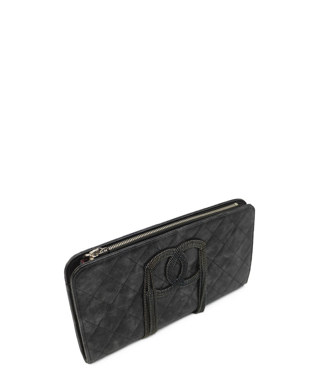 Bronze Metallic Quilted Calfskin Chain CC Wristlet Clutch Black