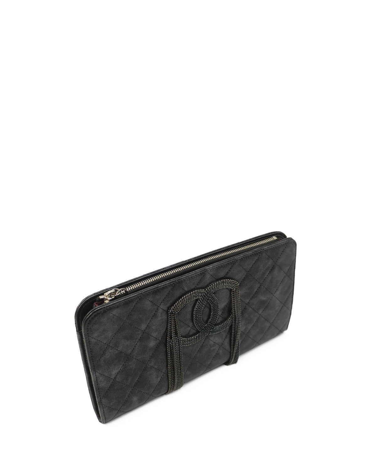 Bronze Metallic Quilted Calfskin Chain CC Wristlet Clutch Black