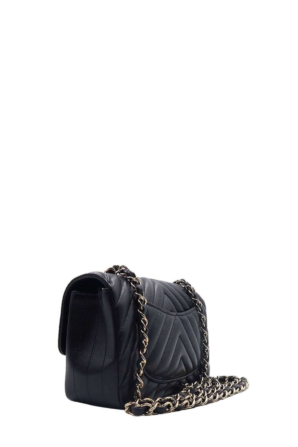 Chevron Classic Mini Rectangular Flap Bag with Gold Hardware Black